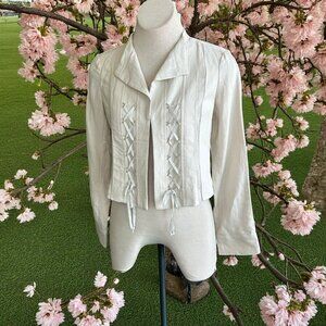 Nanette Lepore Cream Linen Blend Cross Tie Jacket Mesh Sleeves Inset Size XSmall